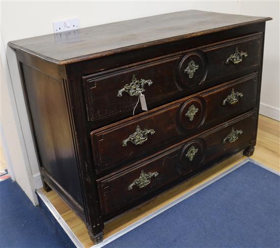 An early 18th century French fruitwood commode, W.126cm